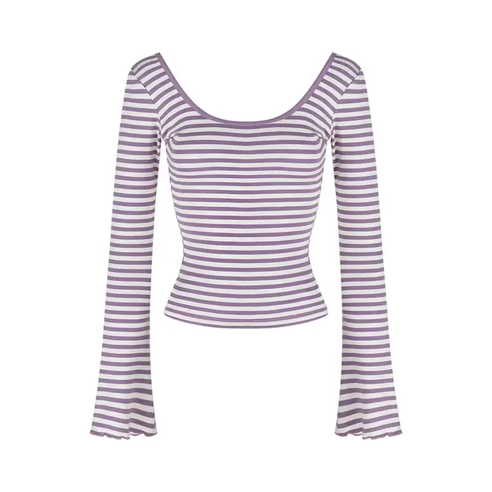T-shirt à rayures et bretelles, col en U, pour femme, design automnal, coupe ajustée, haut à manches