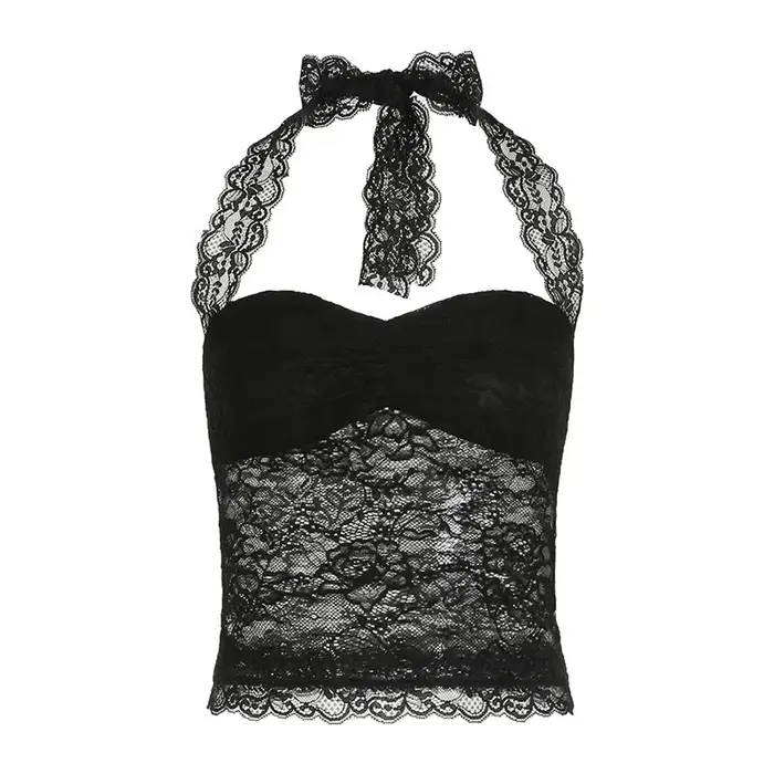 Débardeur sexy transparent en dentelle florale brodée pour femme, sans manches, style halter, crop t