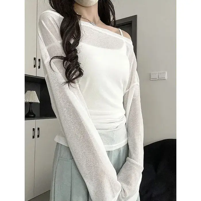 Chemise transparente de protection solaire pour femme, t-shirt d'été fin, respirant, à manches longues, couleur unie, col rond, vêtements basiques