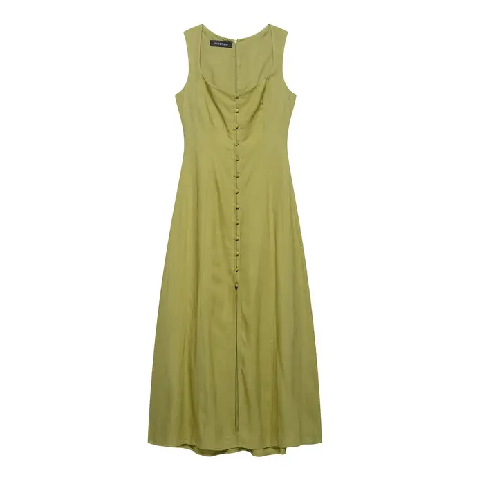 Robe longue élégante sans manches en lin uni à bouton unique