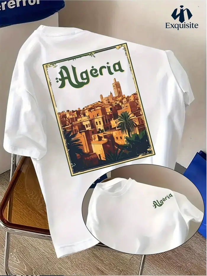 T-shirt d'été pour homme de style maghrébin avec le logo « Algérie » sur un haut à col rond respirant, anti-humidité et ample