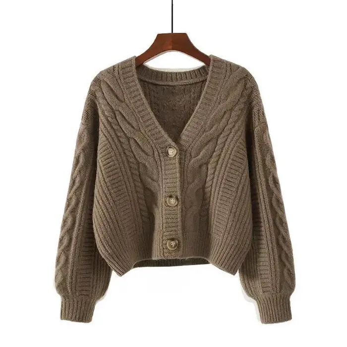 Cardigan court à manches longues et col en v pour femme, couleur unie, Vintage, torsadé, tricoté, av