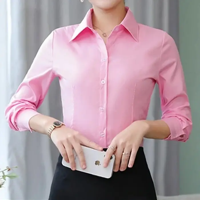 Femmes élégantes chemises femme chemise blanche à manches longues Blouse bureau dame affaires rose