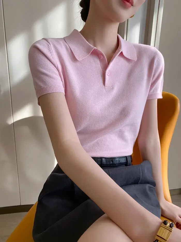 Polo rose tricoté T-shirt haut pour femme chemises à manches courtes 2025 nouvelle chemise printemps été pour femmes vêtements