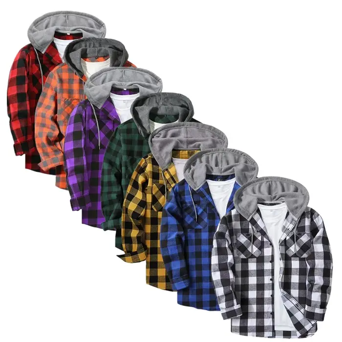Chemise à carreaux ajustée à manches longues avec capuche pour homme