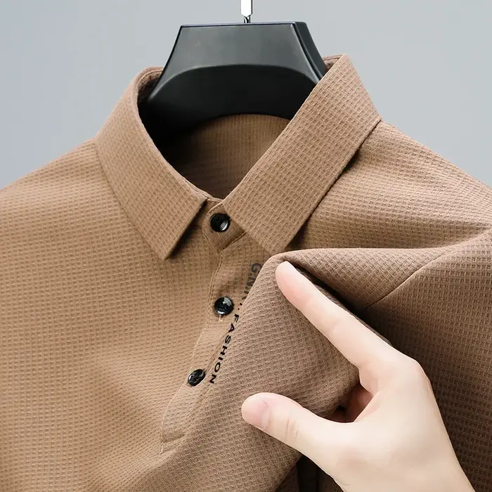 POLO gaufré à manches longues pour hommes avec lettre imprimée revers haut décontracté