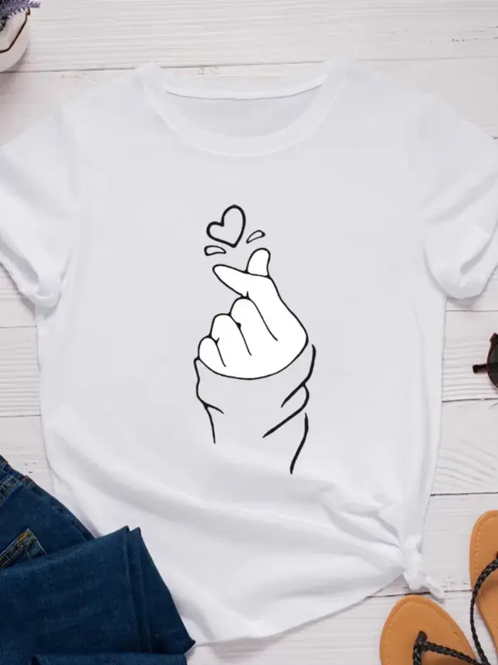 T-shirt manches courtes col rond femme, ample, à la mode, avec doigts et cœur imprimés