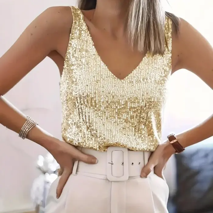Débardeur à la mode pour femmes, Sexy, décolleté en V profond, paillettes, sans manches, épaules dén