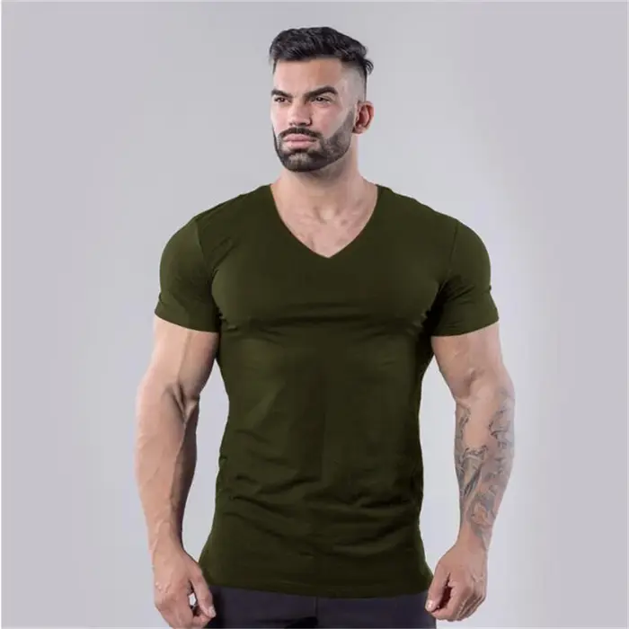 T-shirt de sport en coton uni pour hommes, vêtements de Fitness d'été, col en v, manches courtes, co