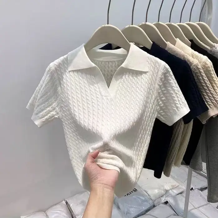 T-shirt à manches courtes en tricot pour femmes, printemps été, toutes occasions, hauts ajustés à co