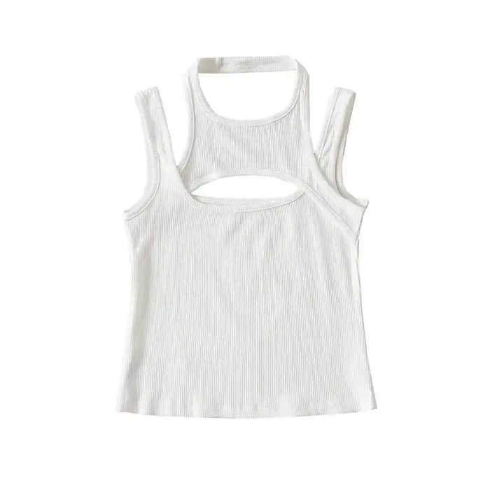 Haut court asymétrique y2k e-girl, Corset tricoté ajouré, sans manches, col rond, Mini gilet basique
