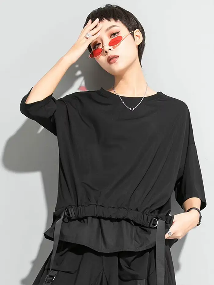 Été mode T-shirt femmes noir à manches courtes