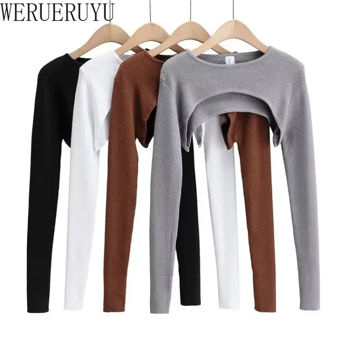T-shirts femmes à manches longues haut court printemps automne Y2k vêtements esthétiques col rond noir blanc Sexy Harajuku tricoté t-shirt 2023