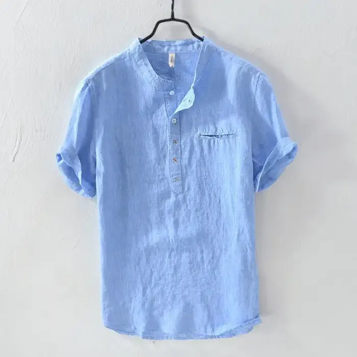 T-shirt d'été en lin pour hommes, manches courtes, col montant, ample, en coton, fin et polyvalent