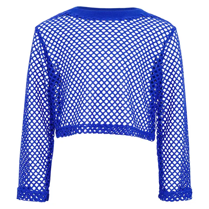 T-shirt en résille pour filles, style hip-hop, col rond côtelé, manches longues, coupe courte, pour 