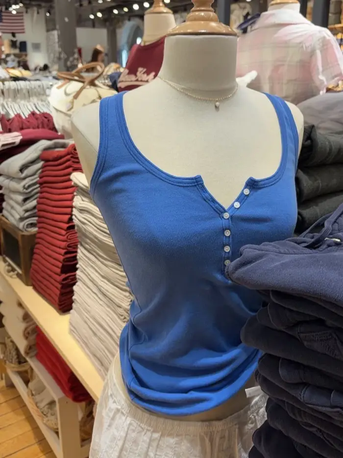 Débardeur Femme Électrique Bleu à Six Boutons, Col U, Sans Manches, Coupe Slim en Coton, Style Stree