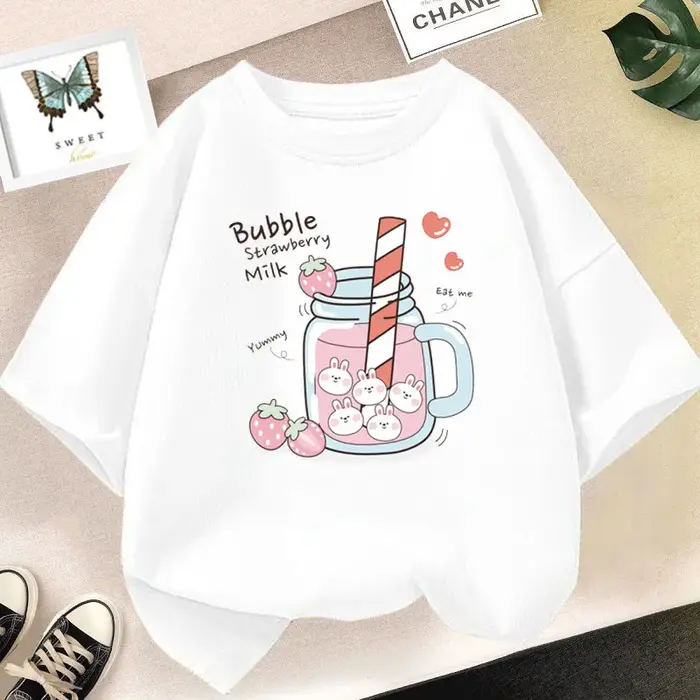 T-shirt imprimé graphique de jus de fraise pour filles