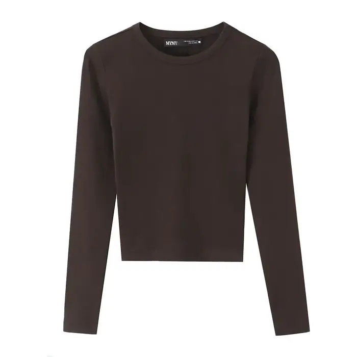 T-shirt Femme Printemps Mode Casual Slim Style Urbain Élégant Col Rond Manches Longues Chic Uni 3 Couleurs Hauts Courts