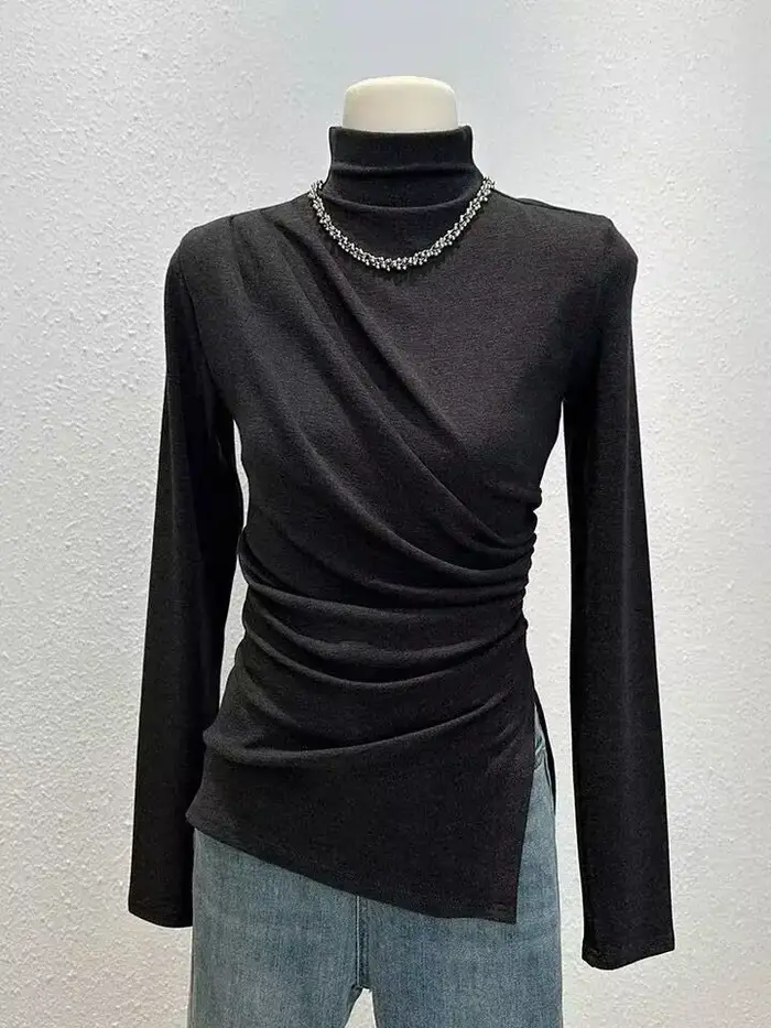T-shirt à manches longues et col mi-haut pour femme