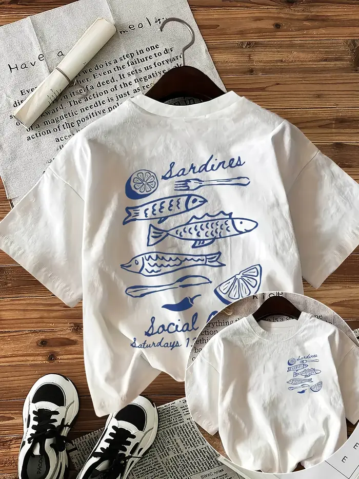 T-shirt graphique Sardines Social Saturdays, tee-shirt à slogan, imprimé rétro gourmand, streetwear 