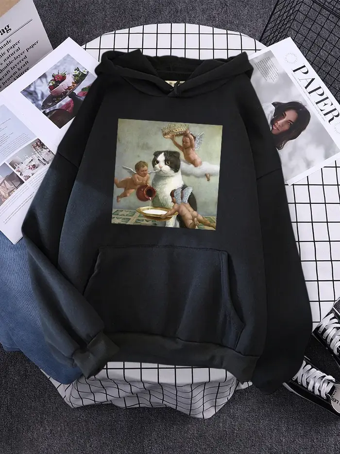 Sweat à capuche petit ange et chat impression sweat femme avec capuche esthétique couple coréen vête