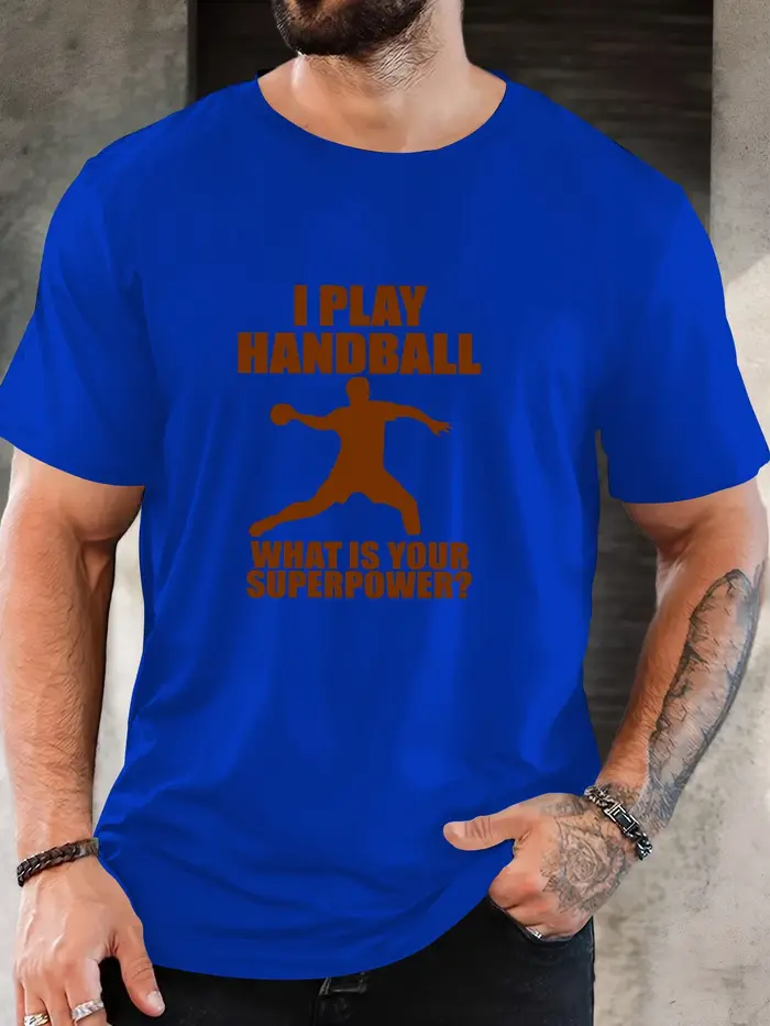 T-shirt noir à col rond pour homme, avec silhouette de joueur de handball marron, slogan sportif « I Play Handball », en coton doux, décontracté, pour le quotidien