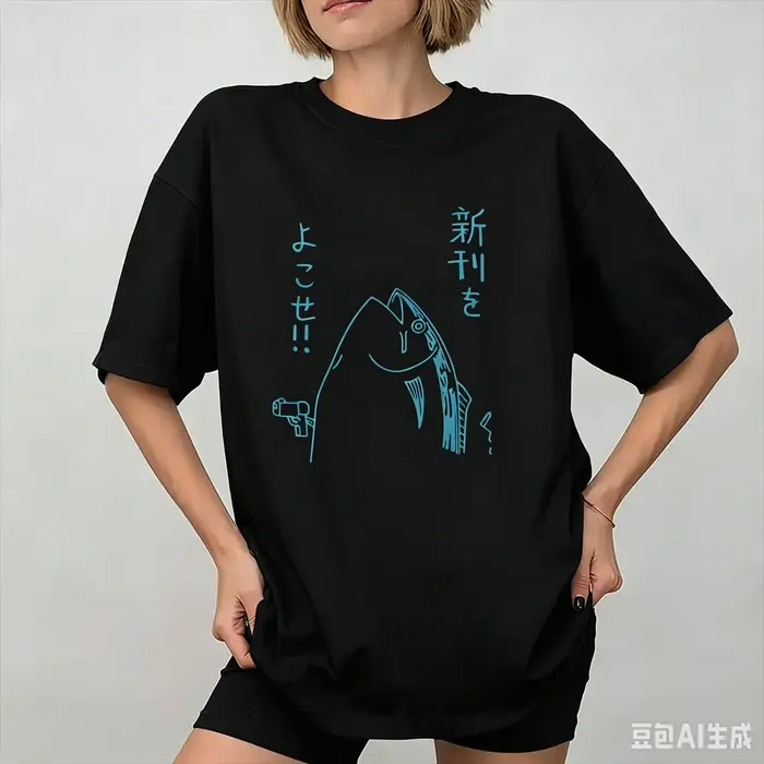 T-shirt japonais amusant avec motif de poisson tenant un pistolet