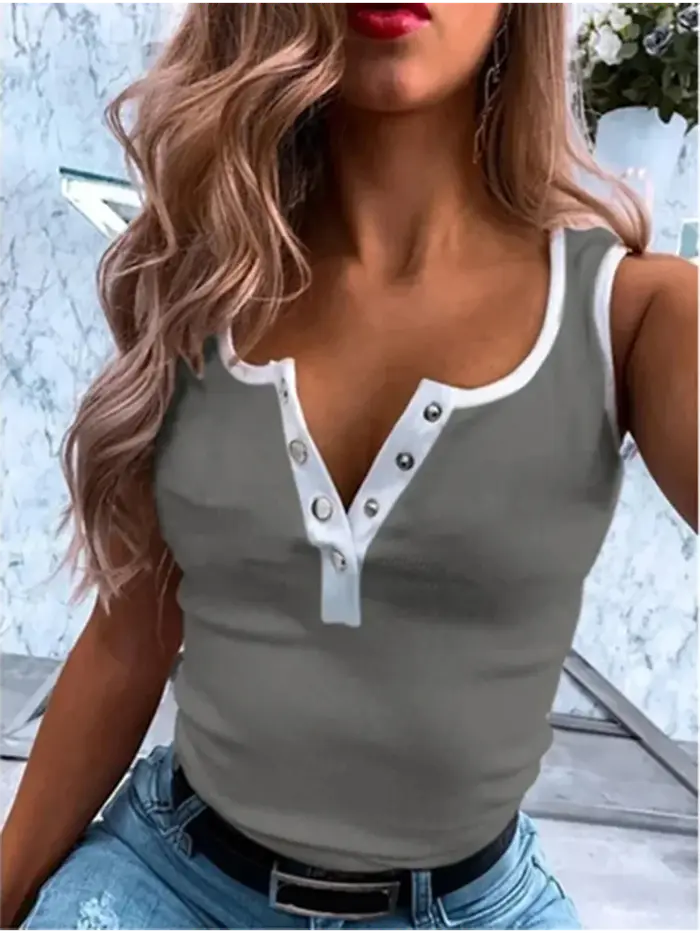 Femmes sans manches bouton mince Camisole monochromatique gilet décontracté été T-Shirt nouveau 2021