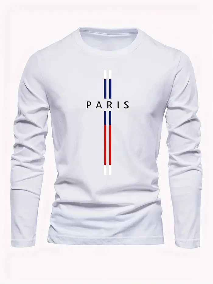 T-shirt à manches longues pour homme, col rond, imprimé graphique Paris Letter, 100% coton pur, ampl