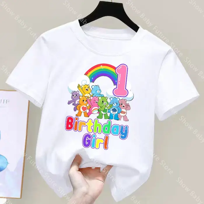 T-shirt blanc pour filles, motif dessin animé Care Bears, mignon, en coton, pour l'été, avec numéro 