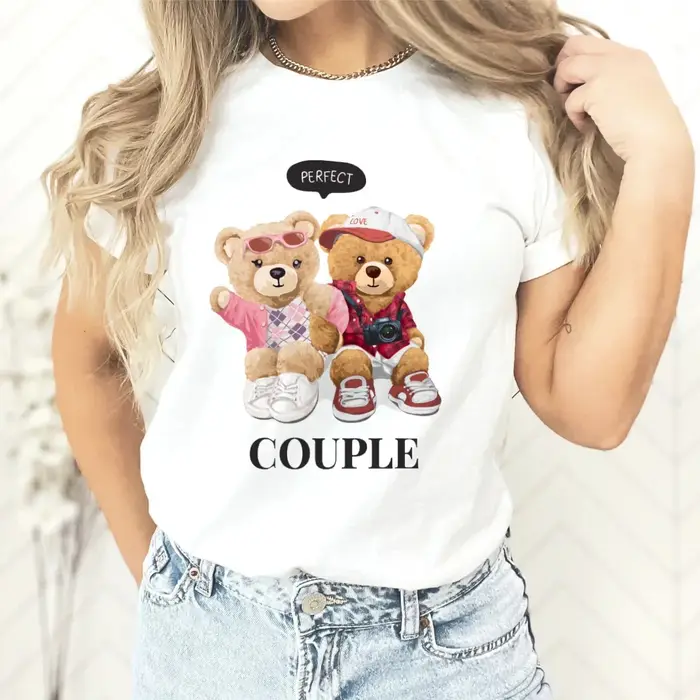 Nouveau Couple ours en peluche imprimé T-shirt Europe et états-unis mode col rond haut femme hauts surdimensionné