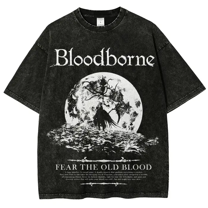 Nouveau T-shirt imprimé Bloodborne, jeu de rôle d'action tendance, style vintage délavé, en coton am