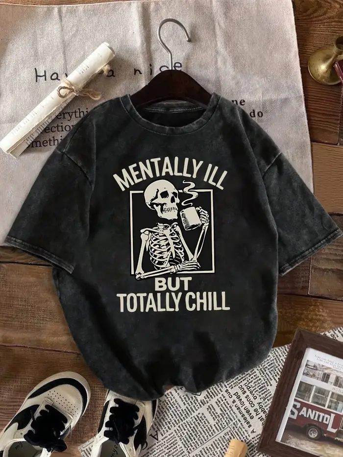 T-shirt unisexe 100% coton lavé "Mentalement illèret mais totalement froid"