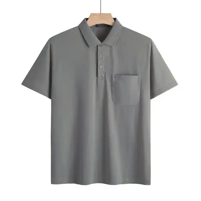 Polo gris pour homme, décontracté, à manches courtes, col à revers, avec poche poitrine