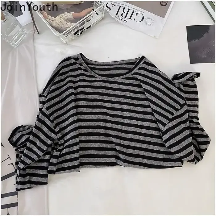 Chemises rayées pour femmes T-shirt surdimensionné 2025 Ropa Mujer manches longues col rond t-shirts haut décontracté