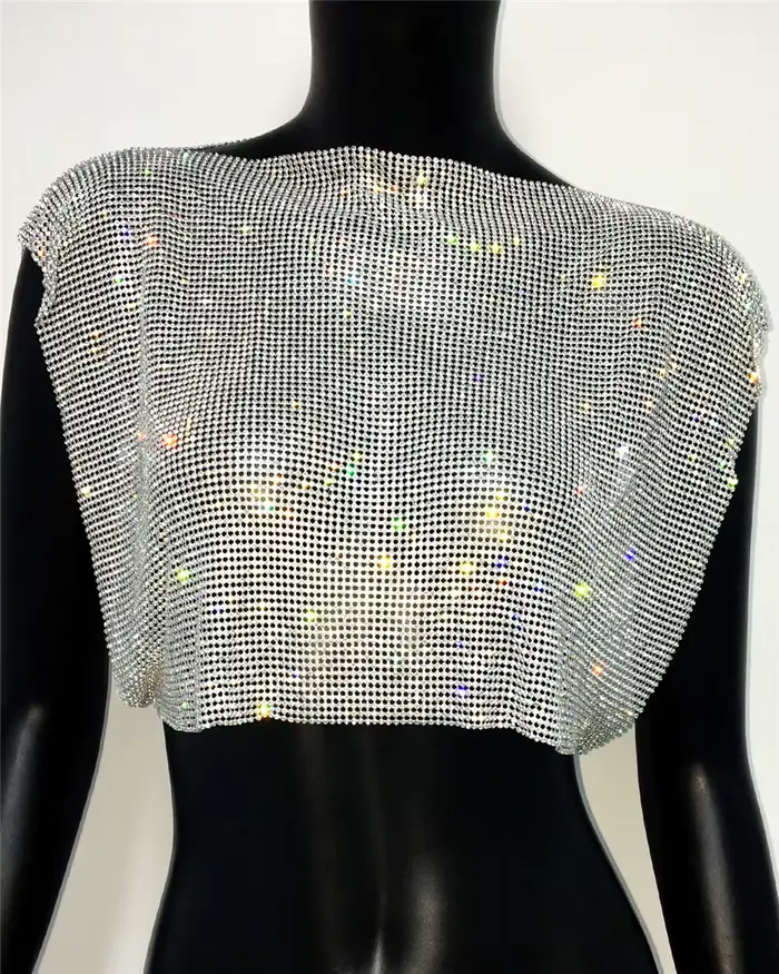 Camisole à paillettes en métal biscuits brillant pour femmes, col rond, fait à la main, court, préci