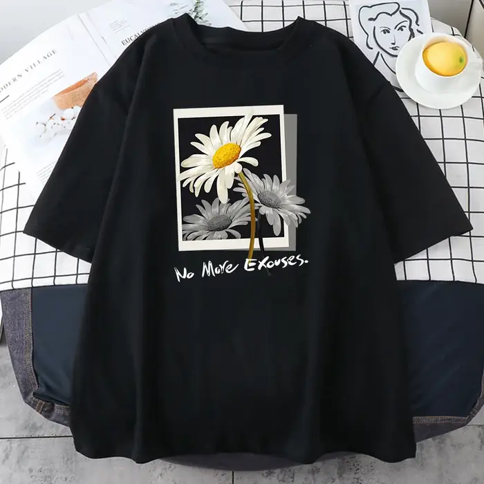 T-shirt en coton avec image de fleur pour femme, Hip Hop, Street Wear, Top Fashion, Économie graphiq