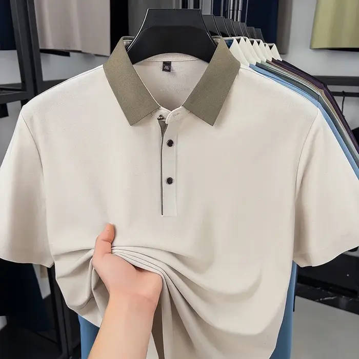 Polo décontracté pour homme à manches courtes avec col contrastant, tissu léger et confortable pour