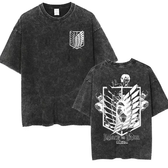 Nouveau T-shirt Oversize Vintage Lavé Homme et Femme 2026 – Motif L'Attaque des Titans – Streetwear Décontracté Y2K – Collection Été 2026