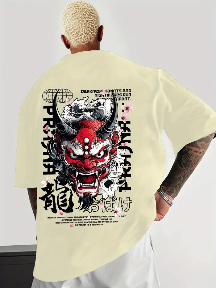T-shirt rouge avec impression de Hannya Oni Dragon Sakura Kanji au dos