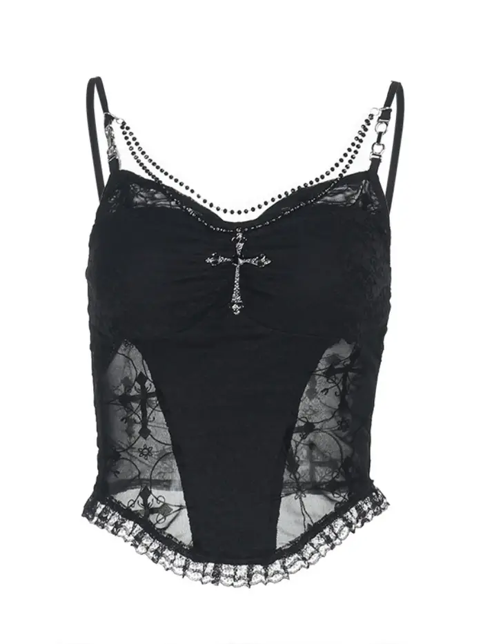 Punk gothique Camisole femmes centre commercial foncé Goth Y2k Streetwear Grunge Emo Sexy dentelle Patchwork chaîne