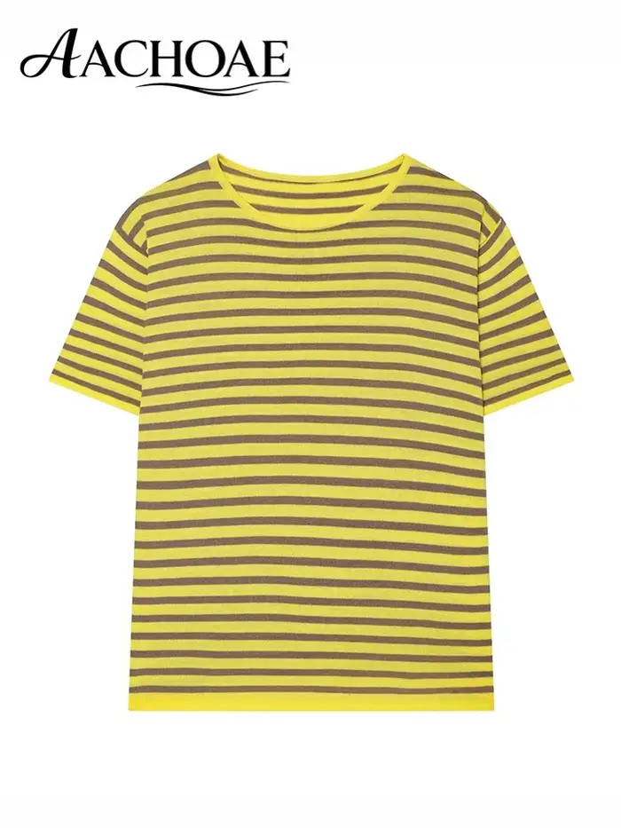 AACHOAE T-shirt en tricot rayé pour femme, manches courtes, col rond, décontracté, léger, pull d'été