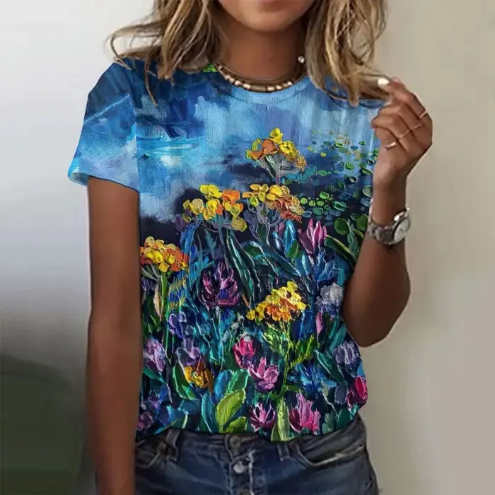 Arbres fleurs motif t-shirt pour femmes océan soleil 3D imprimé manches courtes T-Shirts été décontracté ample