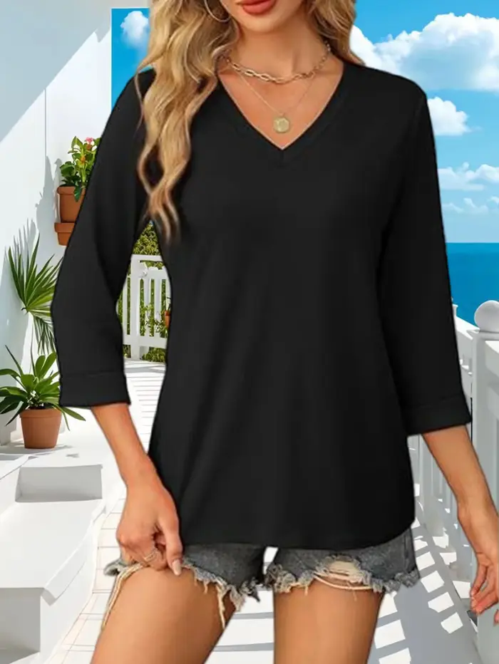 Nouveau T-shirt polyvalent pour femme style occidental 2026 à manches trois-quarts et col en V