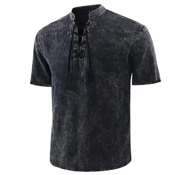 T-Shirt Vintage à Manches Courtes et Col en V pour Homme, Vêtement Surdimensionné, Solide, à Lacets,