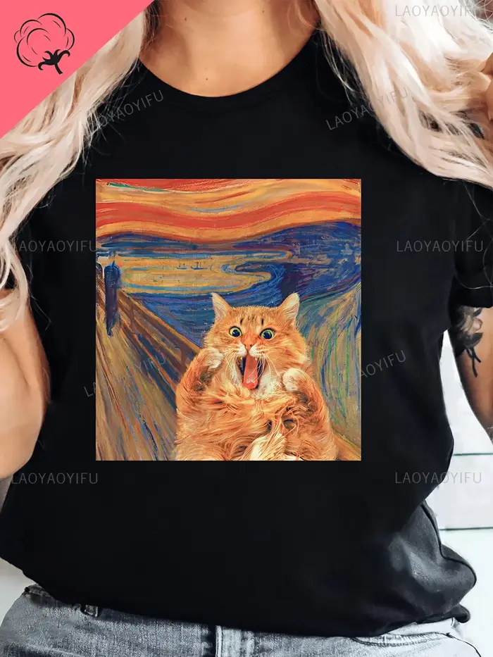T-shirt à manches courtes imprimé chat effrayant vintage pour femmes