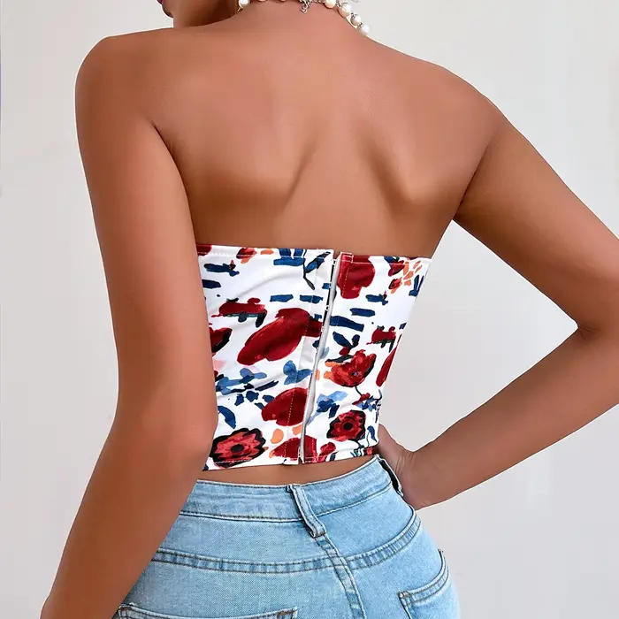 2025 Sexy Hors Épaule Spicy Girl Débardeur Coupe Basse Dos Ouvert Fleur Imprimé Corsets Camis High Street Fishbone Bustier Crop Tops