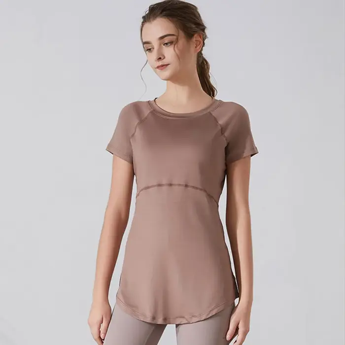 Femmes Yoga chemises manches courtes Sport T-Shirts respirant mince chemise de course séchage rapide gymnase Fitness hauts couverture hanches Blouse femme