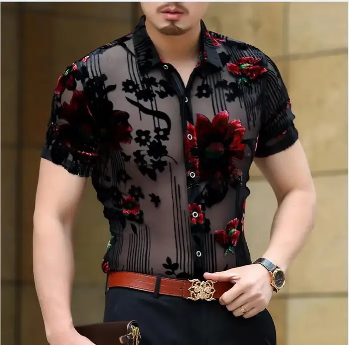 Chemise florale pour hommes, vêtements d'été transparents, Sexy, Transparent, Clubwear, manches cour