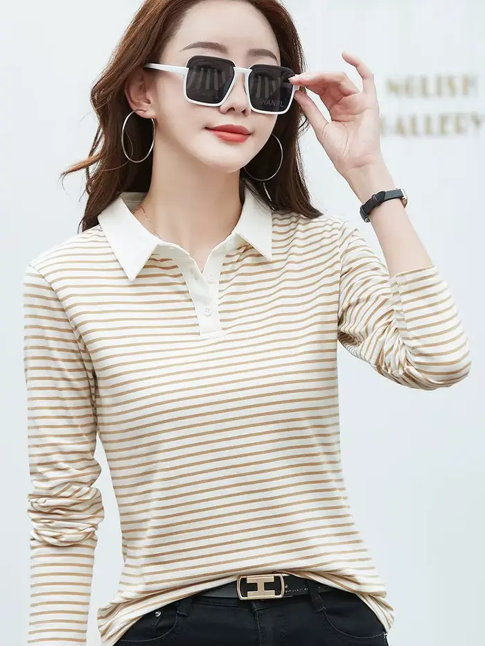 Nouveau Polo Femme Manches Longues Rayé Coton T-shirt Printemps Automne Mode Contraste Hauts Féminins Vêtements de Sport Golf